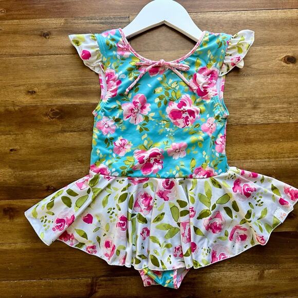 SweetHoney Sleeveless Skirted Leotard Swirly Aqua Blue Pink Cream Green Floral 6 - Picture 2 of 6